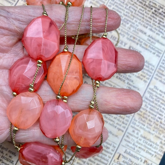 CHICO"S Triple Strand Statement Necklace Orange Arcrylic Beads Gold Tone - Picture 5 of 7